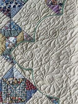 Vintage 1930's Hand Stitched Quilt 65x90 AMAZING stitching Scalloped edging