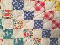 Vintage 1930's Handmade Postage Stamp Multicolor Feed Sack Quilt Clean Bright