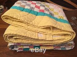 Vintage 1930's Handmade Postage Stamp Multicolor Feed Sack Quilt Clean Bright