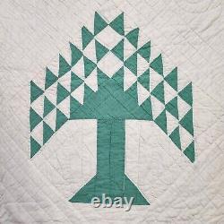 Vintage 1930s Hand Stitched Green White Tree of Life Cotton Quilt 86x84 FOLK ART