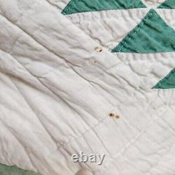 Vintage 1930s Hand Stitched Green White Tree of Life Cotton Quilt 86x84 FOLK ART