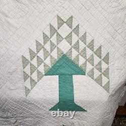 Vintage 1930s Hand Stitched Green White Tree of Life Cotton Quilt 86x84 FOLK ART