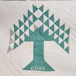 Vintage 1930s Hand Stitched Green White Tree of Life Cotton Quilt 86x84 FOLK ART