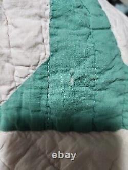 Vintage 1930s Hand Stitched Green White Tree of Life Cotton Quilt 86x84 FOLK ART