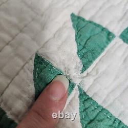 Vintage 1930s Hand Stitched Green White Tree of Life Cotton Quilt 86x84 FOLK ART