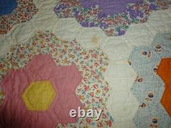 Vintage 1940's Grandmas Flower Garden Quilt 72 X 86 Scalloped Edge Hand Sewn
