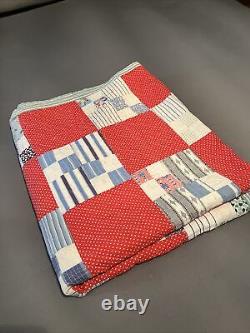 Vintage 1940's Handmade Patterned Patchwork Heirloom Quilt 90x79 Red White Blue