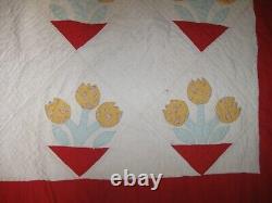 Vintage 1940's Handmade Quilt Tulip Pattern Cotton Red & Yellow 81x67 Stains