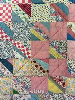 Vintage 1940s Block Quilt Patchwork Handmade Colorful 76 x 66