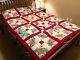 Vintage 1950's Grandmother's Handmade Patch Quilt Red Stripe & White Multi Color