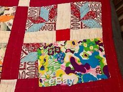 Vintage 1950's Grandmother's Handmade Patch Quilt Red Stripe & White Multi Color