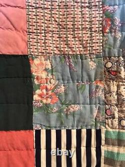Vintage 1950s Block Quilt Colorful 82 x 70 Mid-Century Fabrics MCM