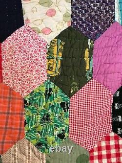 Vintage 1950s Colorful Quilt 66 x 74 Handmade Quilted Feedsack Back