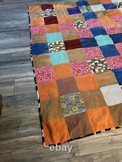 Vintage 1960's Patchwork Quilt 84 x 74 Great Vintage Graphics Double Sided