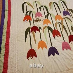 Vintage 1970s Hand Sewn Tulip Quilt 111x97 with Embroidery Handmade