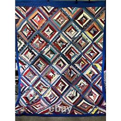 Vintage 1970s Strip Stained Glass Quilt 70 x 90 Colorful Handmade