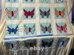 Vintage 1970s handmade quilted full size bedspread Butterflies yellow 2 Shams EC