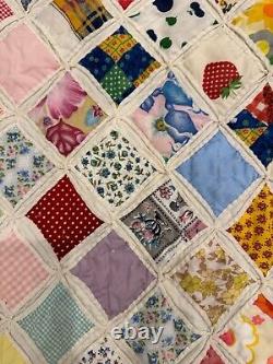 Vintage 1975 Hand Sewn Cathedral Window Patch Quilt Coverlet Bedding 76 x 89