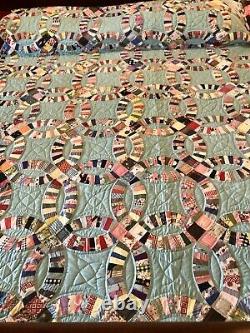 Vintage 1980s Handmade Double Wedding Ring Quilt 72 X 84 Never Used