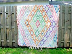 Vintage 30's Cotton Grandma's Garden Feed Sack Quilt Hand Stitched 79 x 87