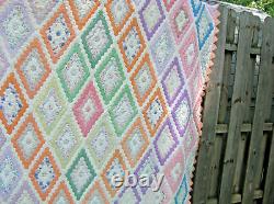 Vintage 30's Cotton Grandma's Garden Feed Sack Quilt Hand Stitched 79 x 87