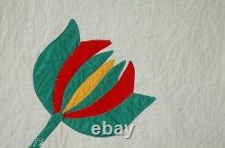 Vintage 30's Red, Green & Cheddar Tulips 4-Block Antique Quilt GREAT QUILTING