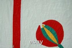 Vintage 30's Red, Green & Cheddar Tulips 4-Block Antique Quilt GREAT QUILTING