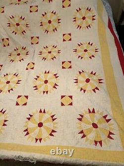 Vintage 30s 40s 50s era Wagon Wheel Rising Sun hand quilted sewn 68x83 quilt