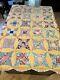 Vintage 4 Point Star Circle Patchwork Quilt 75x 64 Yellow Multi Scalloped Edge