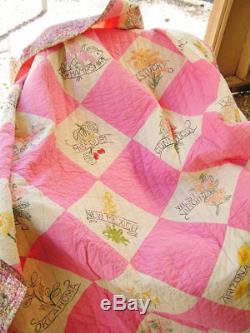 Vintage 40s Handmade Painted State Flower Quilt in Pink and White Cottage Chic