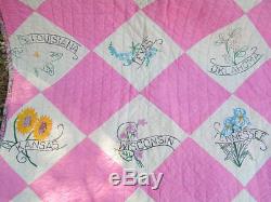 Vintage 40s Handmade Painted State Flower Quilt in Pink and White Cottage Chic