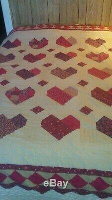 Vintage 50s Hand Made Hearts Quilt Shades of Red and Tan 86 x 96