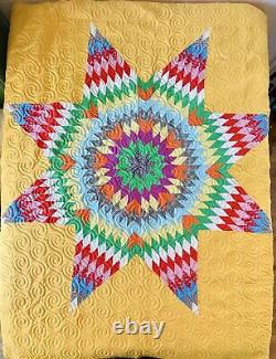 Vintage 60s 70s Handmade Rainbow Quilt Bright Yellow Excellent Lone Star