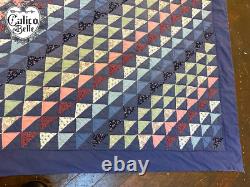 Vintage 70s 80s Flying Geese Hand Stitched Rustic Cabin Patchwork Quilt Queen