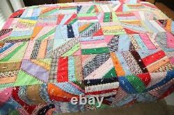 Vintage 70s Crazy Quilt Handmade Colorful Polyester Heavy Farmhouse 80 x 82
