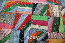 Vintage 70s Crazy Quilt Handmade Colorful Polyester Heavy Farmhouse 80 x 82