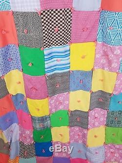 Vintage 70s Handmade Hand Quilted Jersey Knit Patchwork Twin Full Quilt 65x86