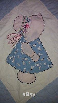 Vintage 70s Sunbonnet Sue Doll Handmade Quilt Blanket Girl Bonnet Patchwork
