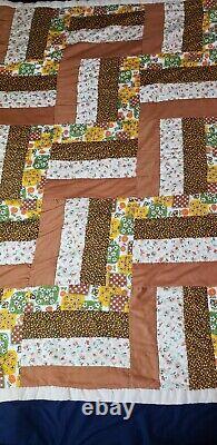 Vintage 70s YellowithBrown Handmade Quilt 64 X 84