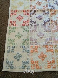 Vintage 74x52 Handmade Hand Cross Stitched Flower Bouquets Multicolor Quilt