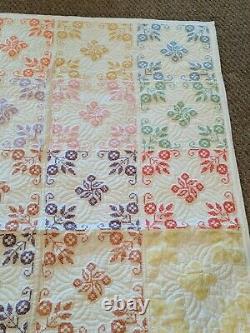 Vintage 74x52 Handmade Hand Cross Stitched Flower Bouquets Multicolor Quilt