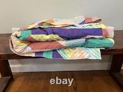 Vintage 80s Groovy Colorblock Colorful Handmade Quilt Blanket Bedding Nannette