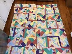 Vintage 80s Groovy Colorblock Colorful Handmade Quilt Blanket Bedding Nannette