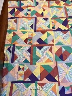 Vintage 80s Groovy Colorblock Colorful Handmade Quilt Blanket Bedding Nannette