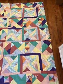 Vintage 80s Groovy Colorblock Colorful Handmade Quilt Blanket Bedding Nannette