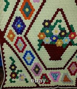 Vintage 80s Hand pieced/ Hand Quilted Queen Sized Quilt. Beautiful