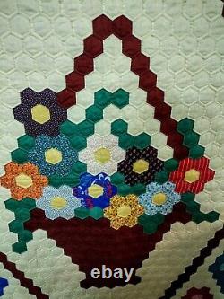 Vintage 80s Hand pieced/ Hand Quilted Queen Sized Quilt. Beautiful
