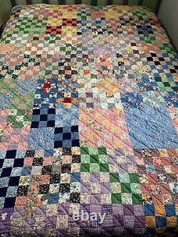 Vintage 9 Patch Quilt Hand Quilted 80x85 Great Old Fabric