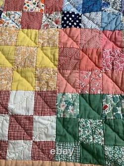 Vintage 9 Patch Quilt Hand Quilted 80x85 Great Old Fabric