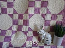 Vintage AMAZING Hand Quilted HANDMADE QUILT, 88 X 92, LAVENDER/ CREAM, UNUSED